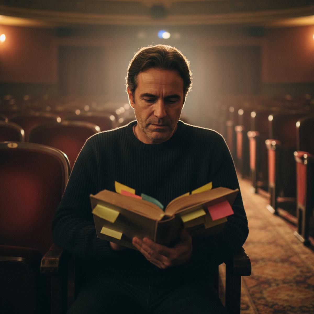 Un cinéphile feuillette un roman annoté dans une salle rétro, éclairée par un projecteur.