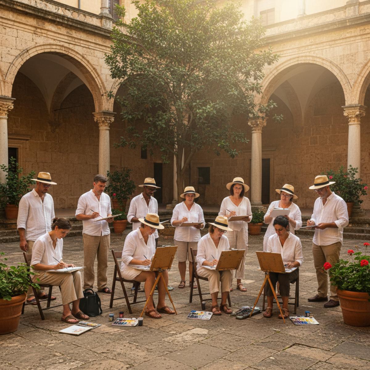 Douze artistes peignant et croquant dans un patio andalou baigné de lumière, chevalets et carnets ouverts.