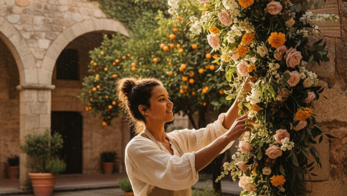 Artiste florale installant une sculpture végétale dans un patio andalou aux arches de pierre et orangers, lumière dorée d’automne.