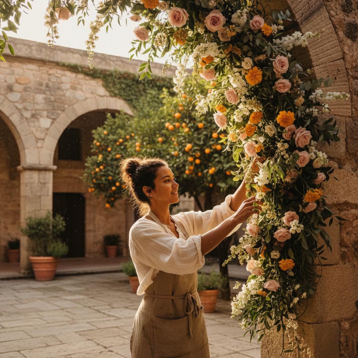 Artiste florale installant une sculpture végétale dans un patio andalou aux arches de pierre et orangers, lumière dorée d’automne.