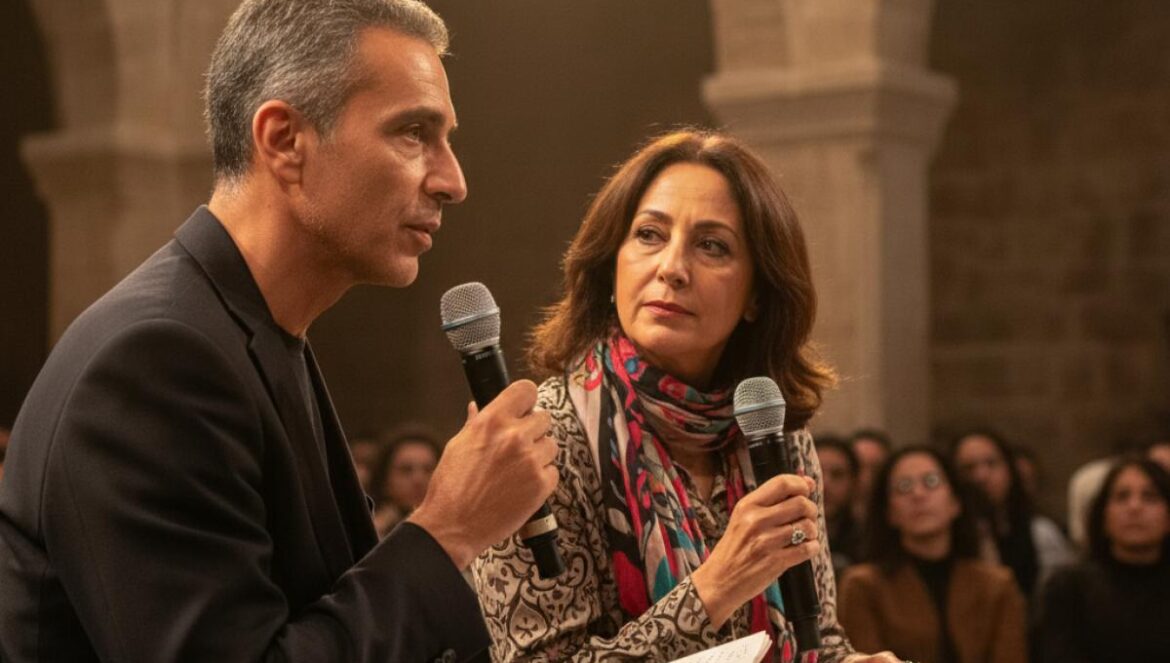 Deux écrivains sur scène, éclairage chaud, micros en main, public attentif dans une salle voûtée.