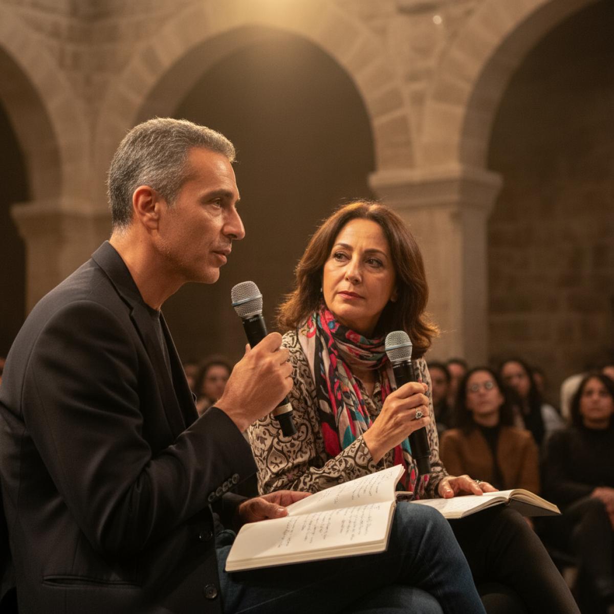 Deux écrivains sur scène, éclairage chaud, micros en main, public attentif dans une salle voûtée.