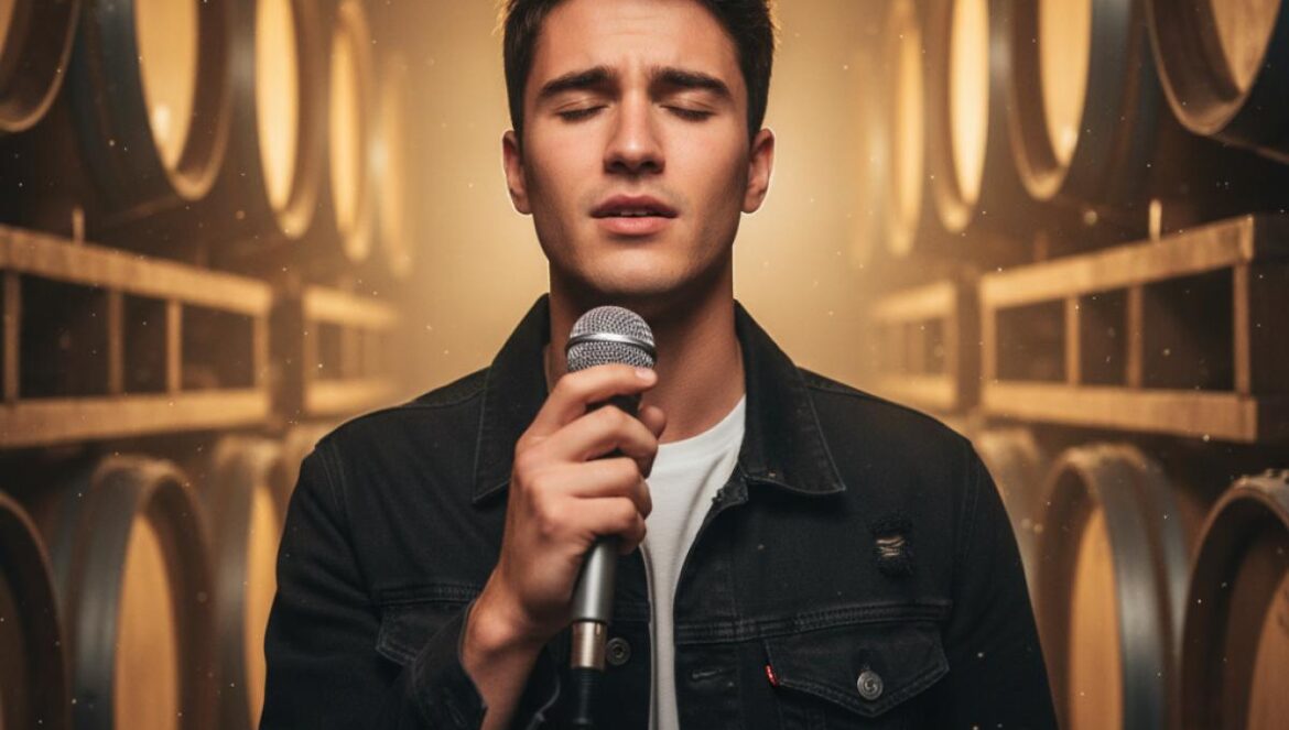 Jeune chanteur face caméra, chantant au milieu de barriques dans une bodega andalouse baignée d’une lumière dorée.