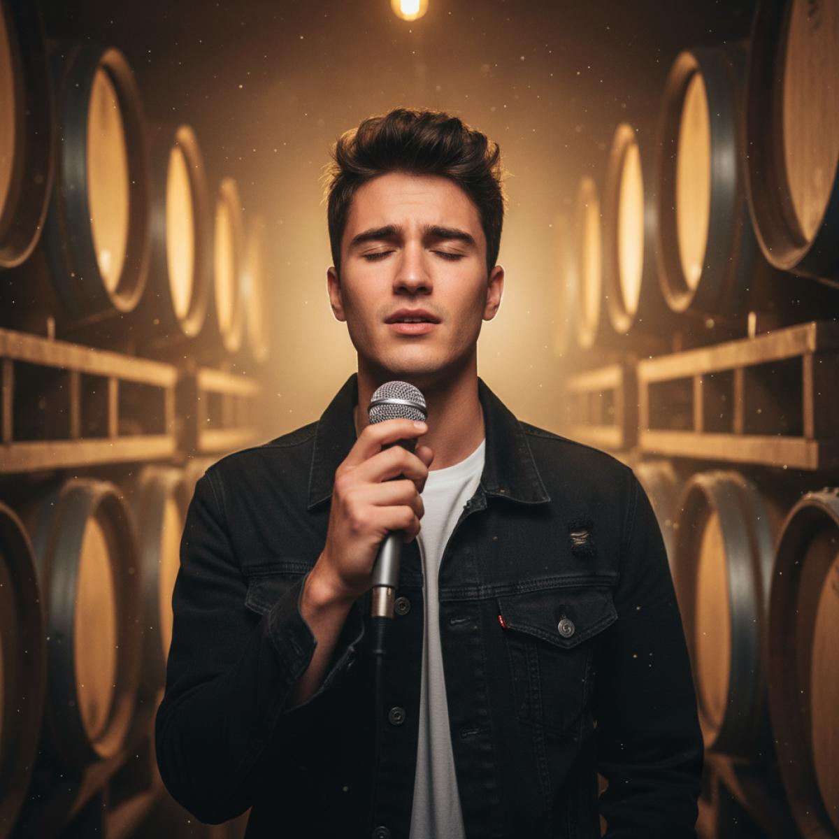 Jeune chanteur face caméra, chantant au milieu de barriques dans une bodega andalouse baignée d’une lumière dorée.