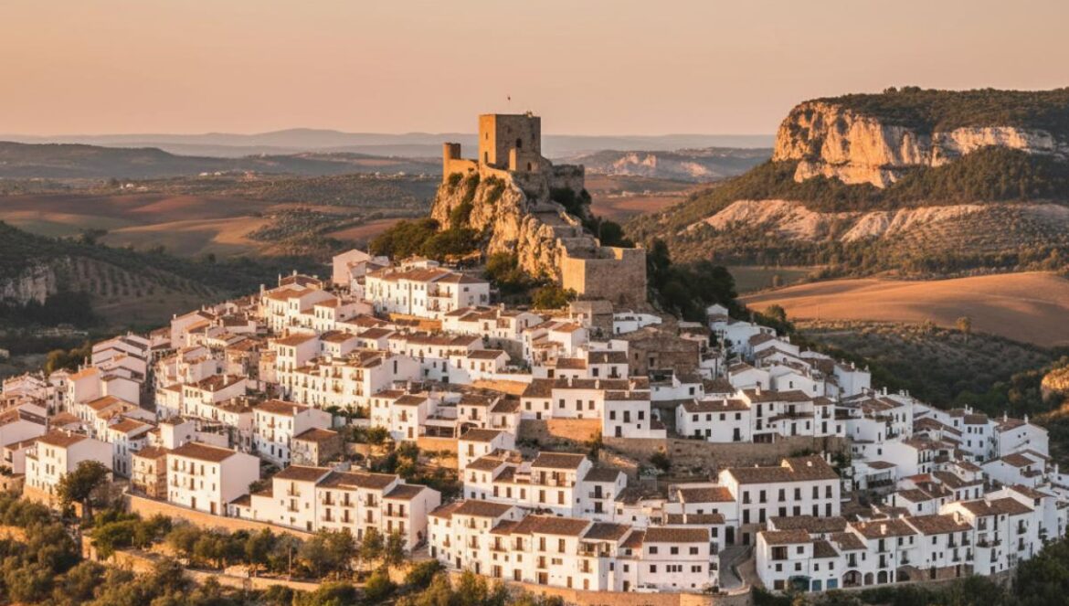 Village blanc perché avec château en pierre, falaises calcaires et oliveraies au coucher du soleil.