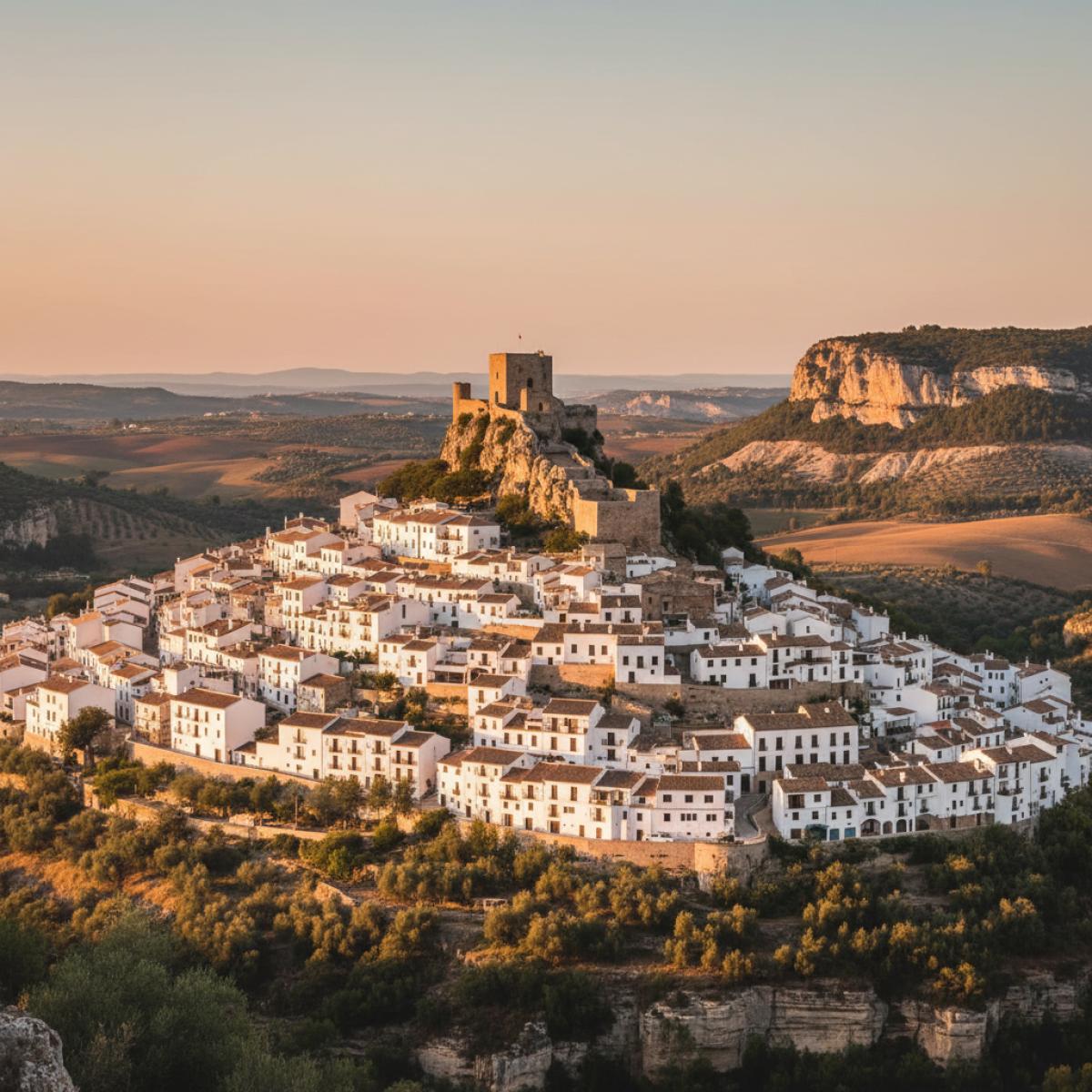 Village blanc perché avec château en pierre, falaises calcaires et oliveraies au coucher du soleil.