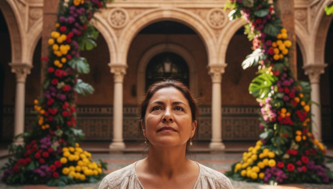 Guide locale observant une œuvre florale monumentale dans un patio historique baigné de lumière.