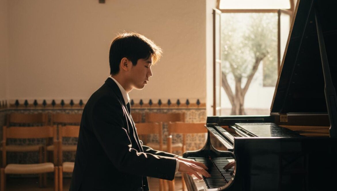 Jeune pianiste en récital dans une salle andalouse aux murs blanchis, lumière dorée et ambiance intime.