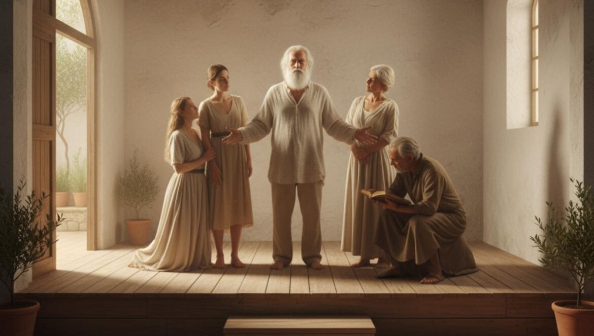 Interprètes figés en tableaux vivants dans une petite chapelle andalouse, lumière chaude