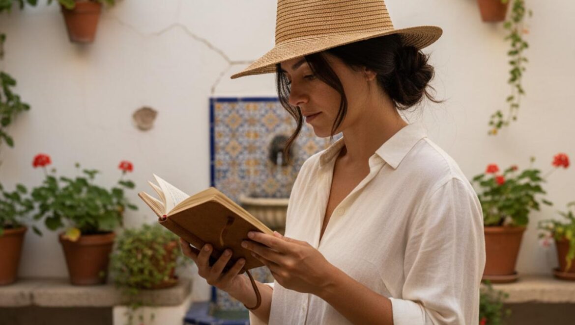 Jeune femme lisant un carnet de poésie dans un patio andalou aux murs blanchis et pots fleuris