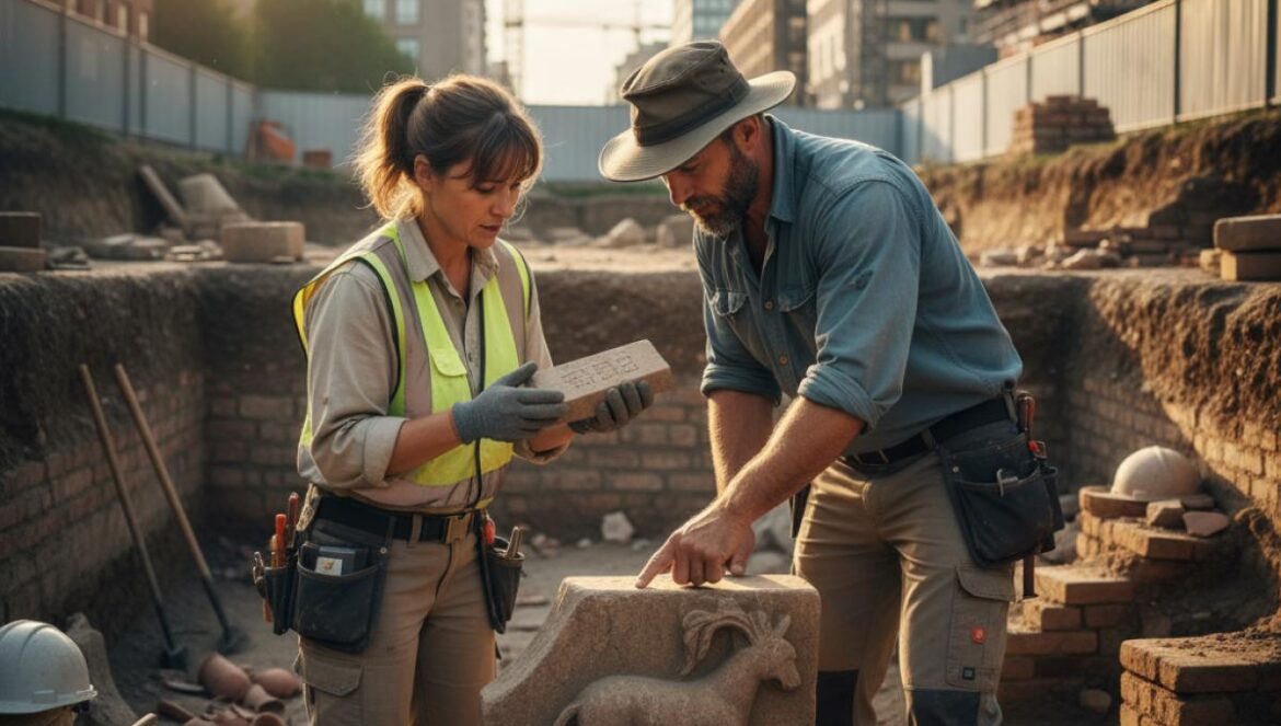 Deux archéologues examinent une pierre sculptée et une plaque épigraphique sur un chantier urbain.