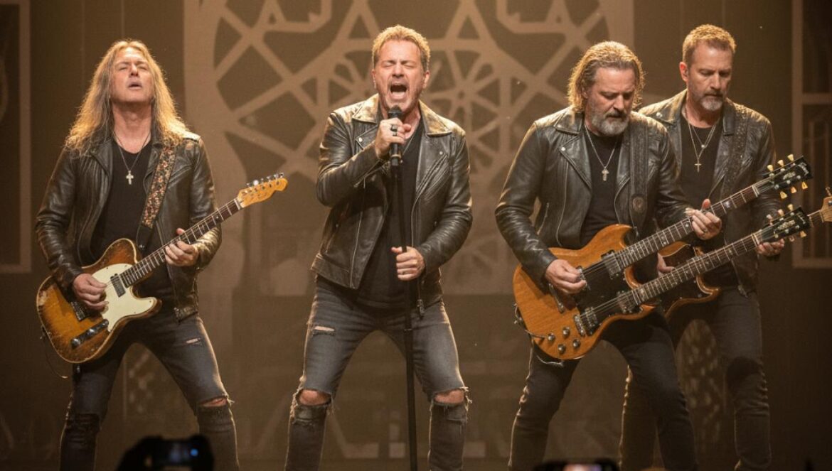 Groupe de rock andalou en concert, guitares et chants sous des lumières chaudes, public ému.