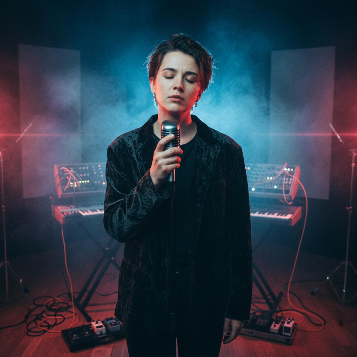 Chanteuse androgyn e devant des synthés, micro proche, lumière bleu-rouge, ambiance sombre et intime.