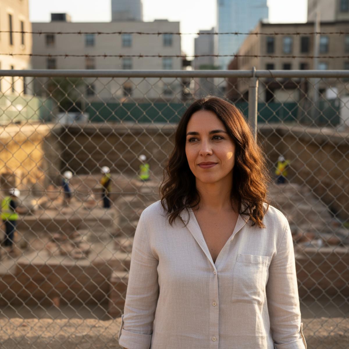 Guide locale devant une clôture de chantier, montrant une tranchée archéologique sous une future route urbaine.