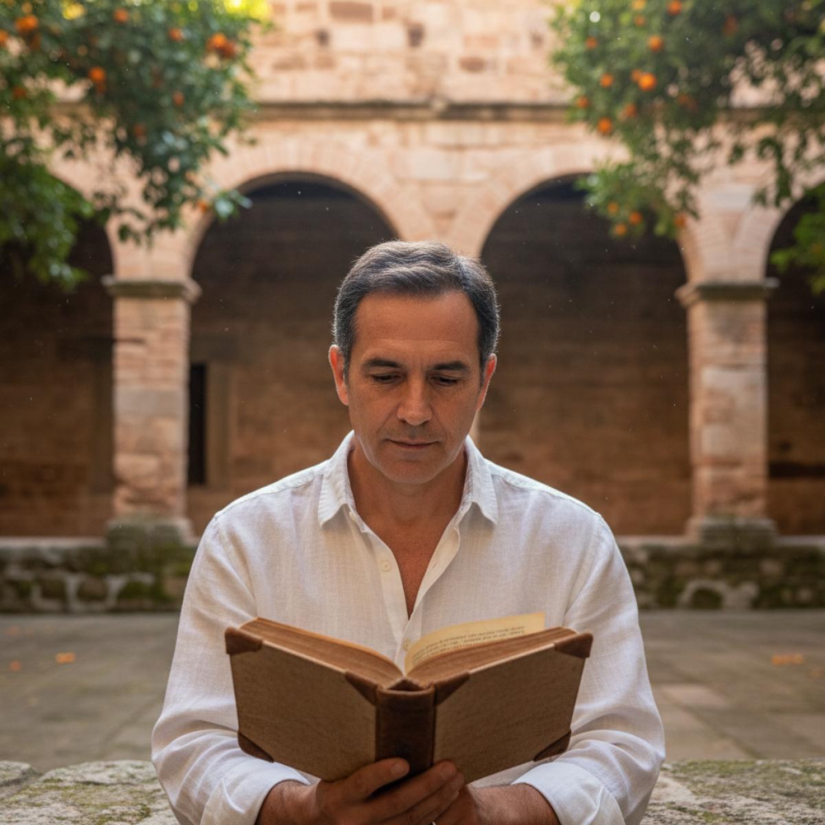 Lecteur concentré feuilletant un recueil baroque dans une cour aux arcades, baignée d’une lumière dorée.