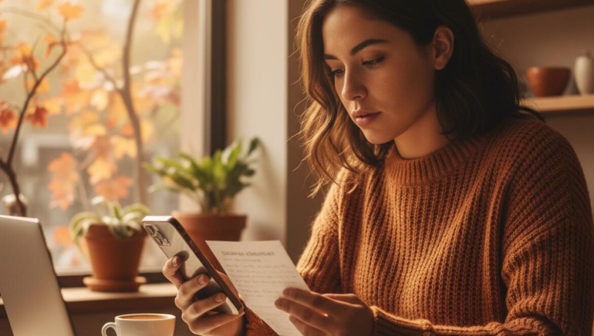 Lectrice consultant une newsletter culturelle sur smartphone dans un café baigné de soleil d’automne.