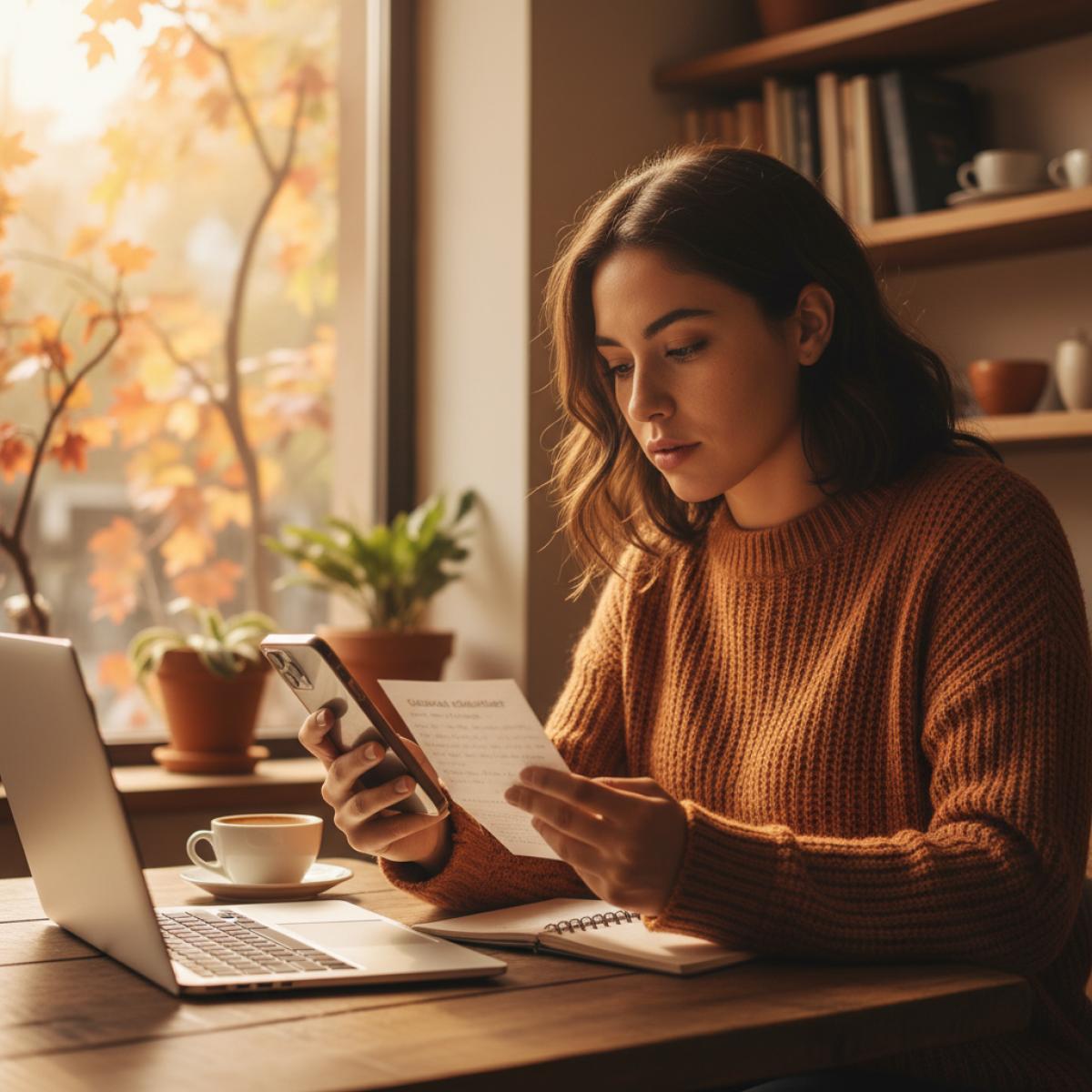 Lectrice consultant une newsletter culturelle sur smartphone dans un café baigné de soleil d’automne.