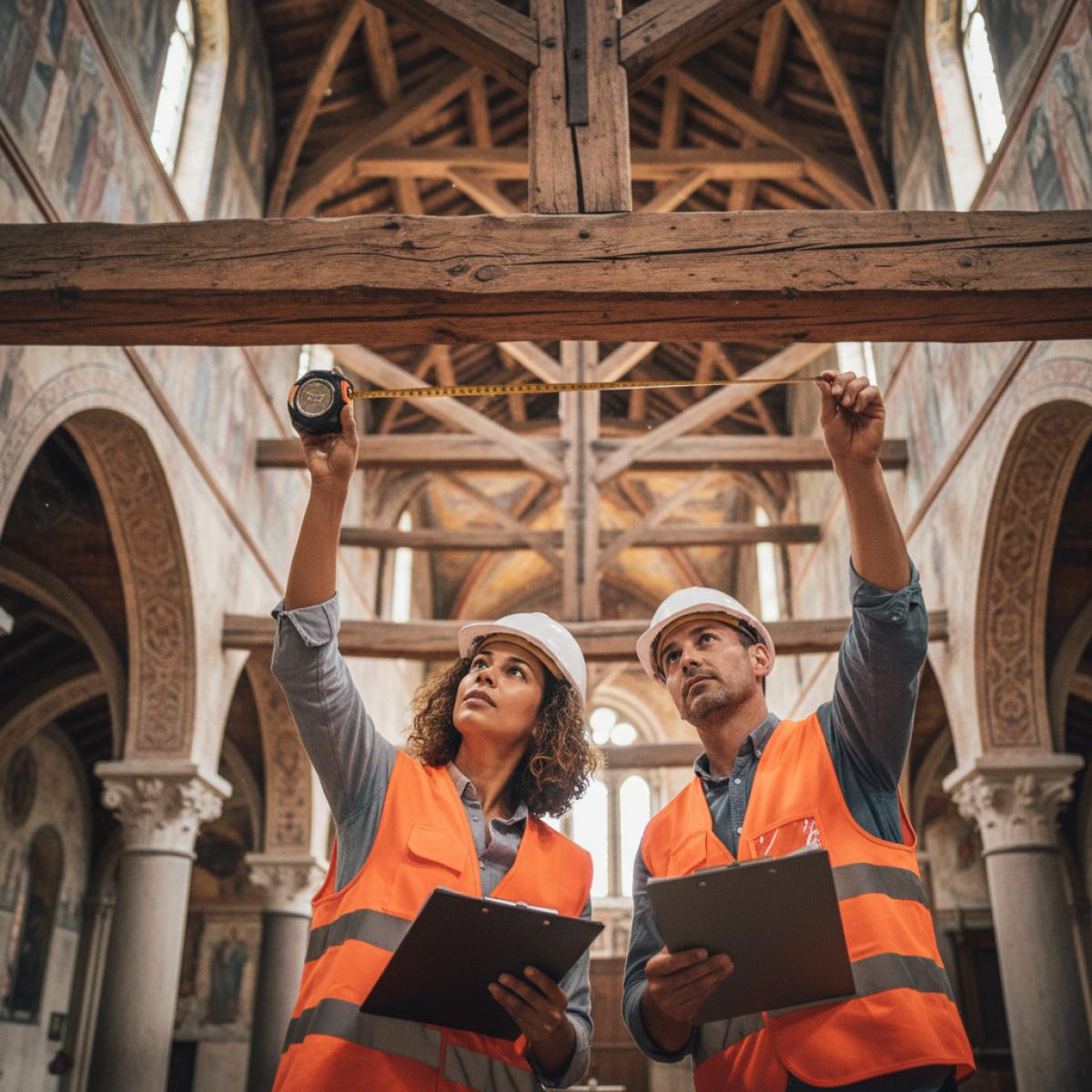 Deux architectes du patrimoine inspectent des charpentes en bois dans une église historique, plans et mètre en main.