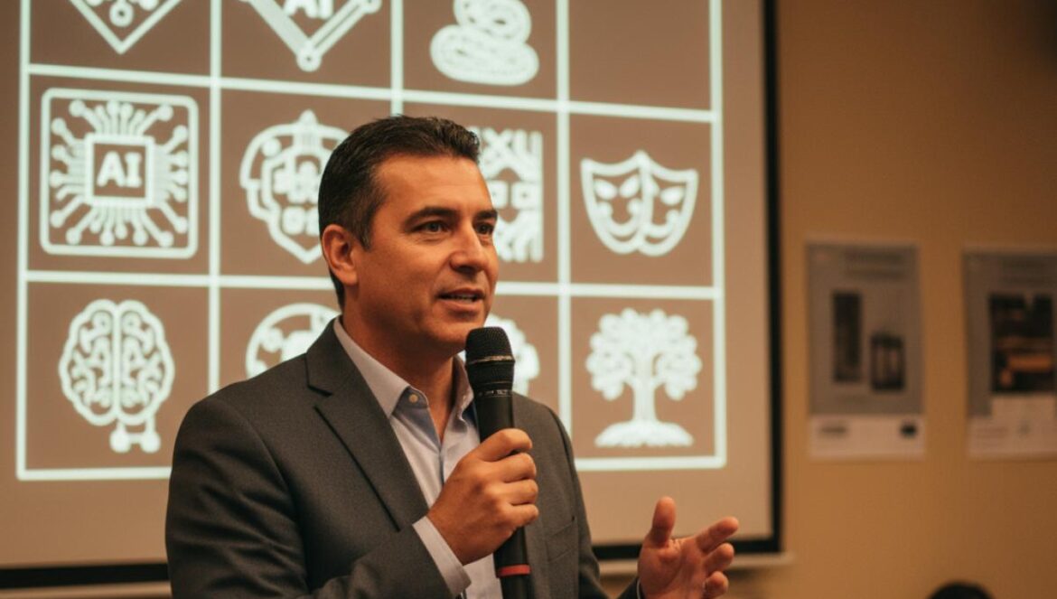 Journaliste culturel parlant IA devant un petit public attentif dans une salle conviviale.