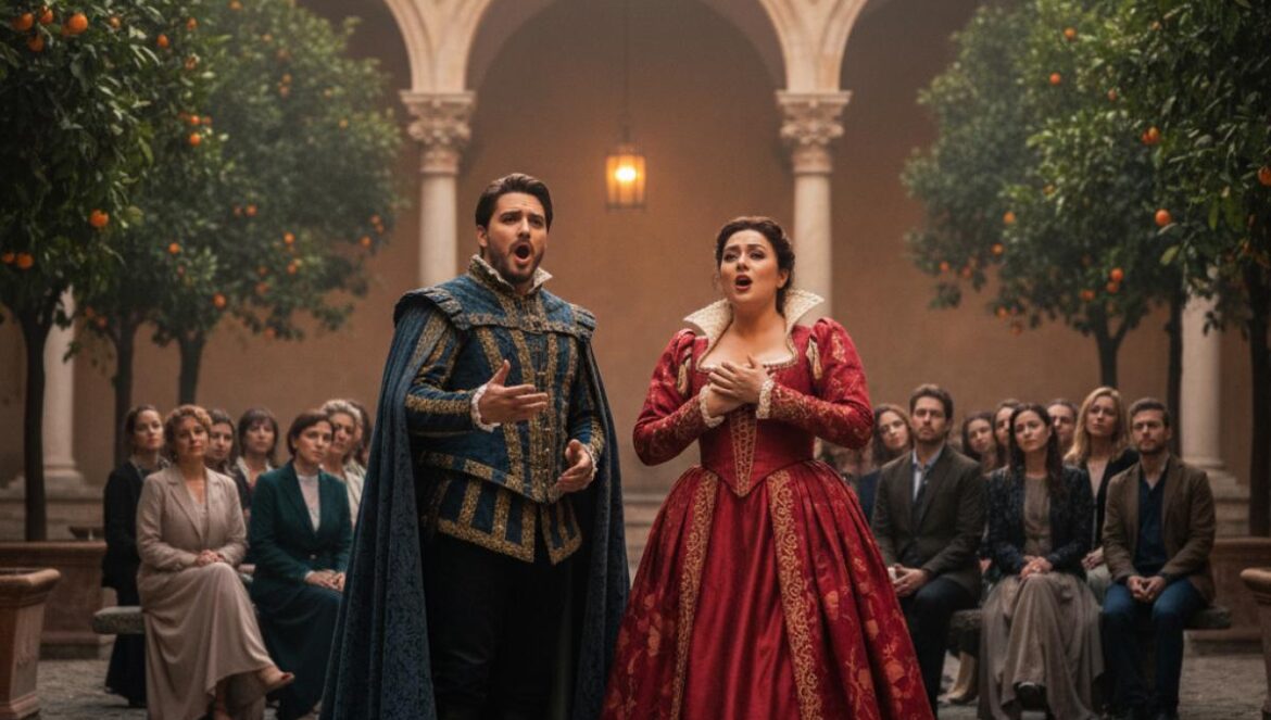 Chanteurs en costume jouant Don Juan au crépuscule dans un patio aux orangers, public intimiste.