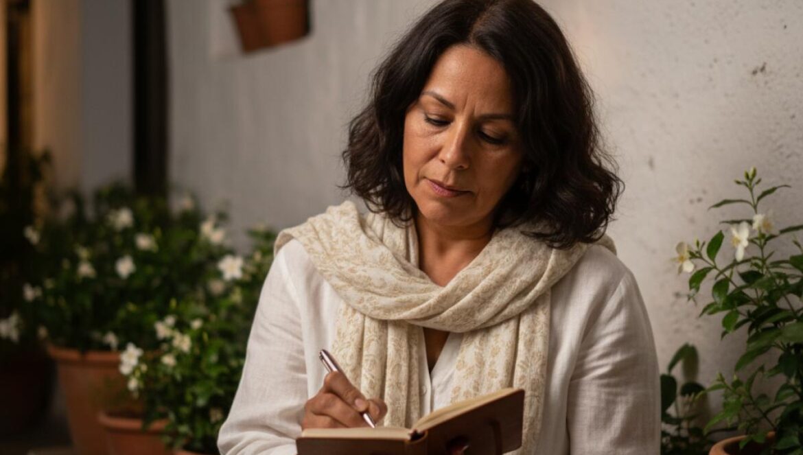 Journaliste prenant des notes dans un patio andalou éclairé à la lanterne, la nuit.
