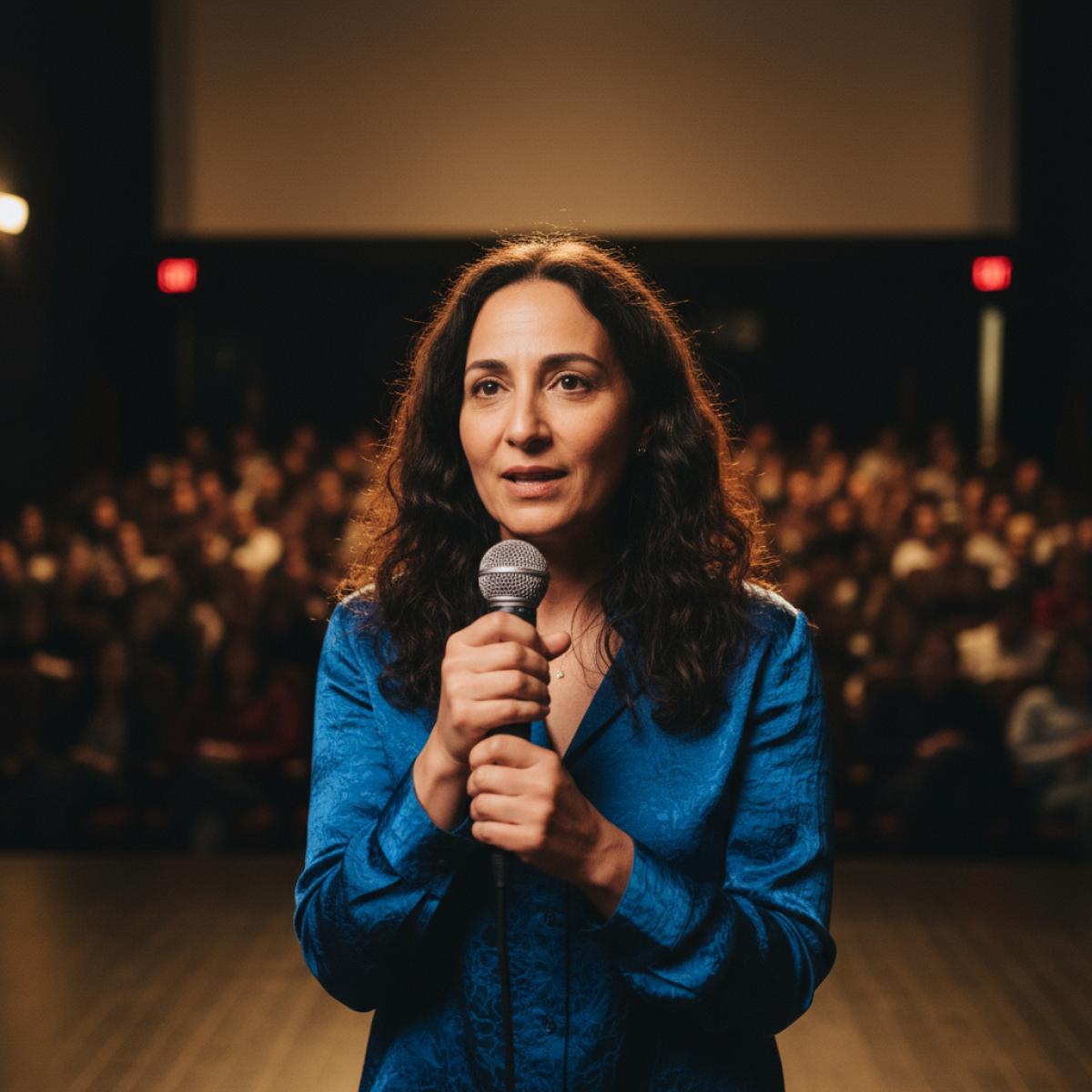 Une réalisatrice s’exprime au micro devant l’écran d’un cinéma, public flou, lumière chaleureuse.