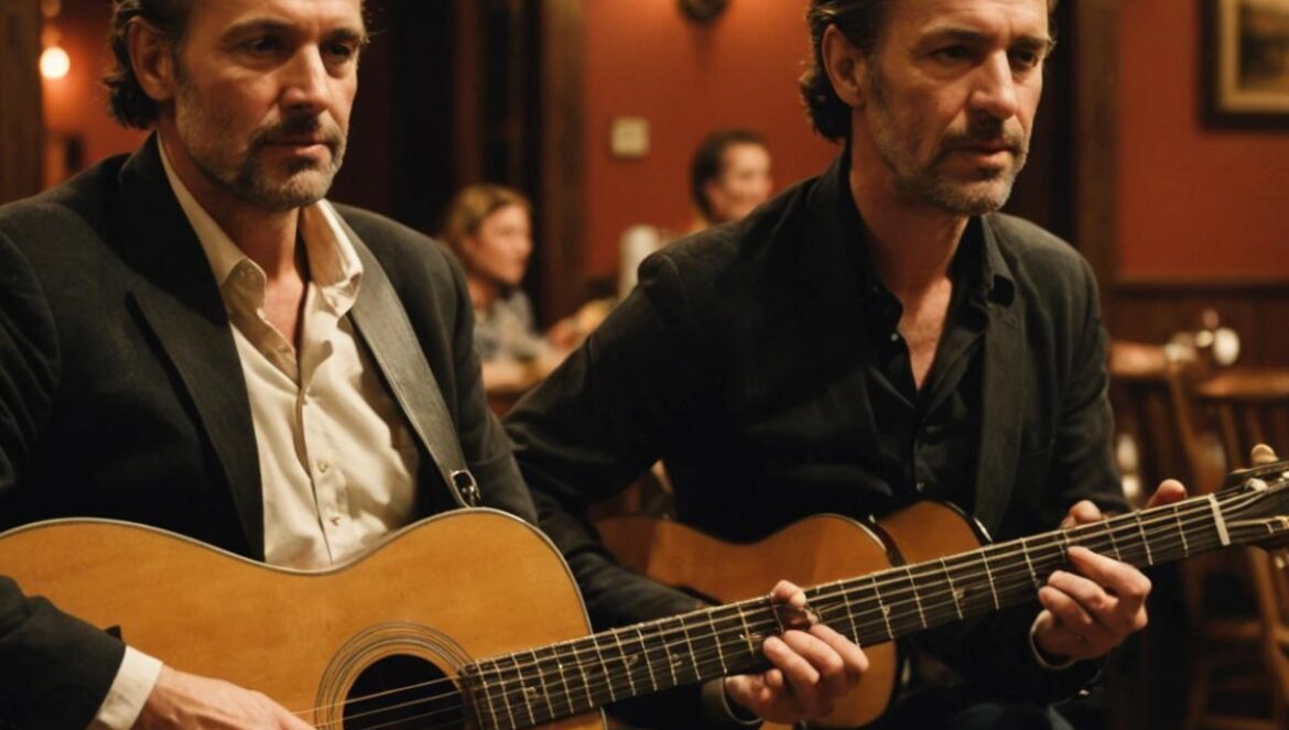 Guitariste flamenco dans un petit bar, lumière chaude, public proche, azulejos en fond, ambiance intime et concentrée.