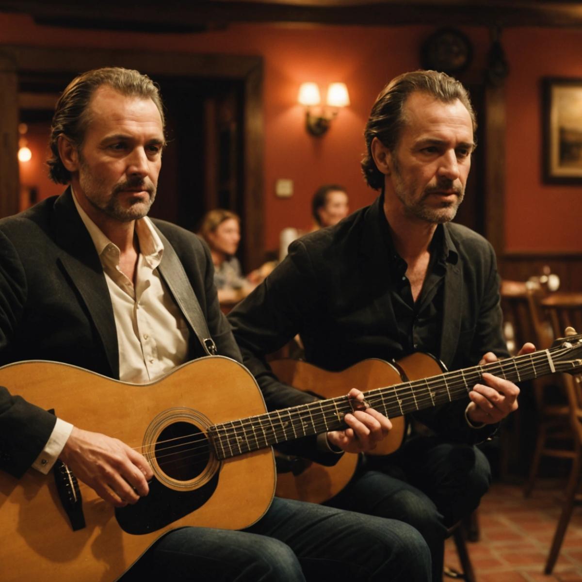 Guitariste flamenco dans un petit bar, lumière chaude, public proche, azulejos en fond, ambiance intime et concentrée.