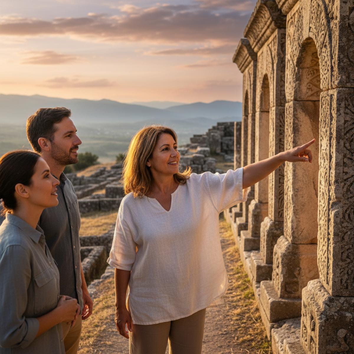 Guide locale montrant des arcs sculptés dans une cité archéologique au soleil couchant, deux visiteurs écoutent.