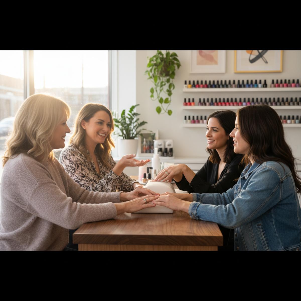 Quatre femmes discutent autour d’une table de manucure dans un salon moderne, ambiance chaleureuse.
