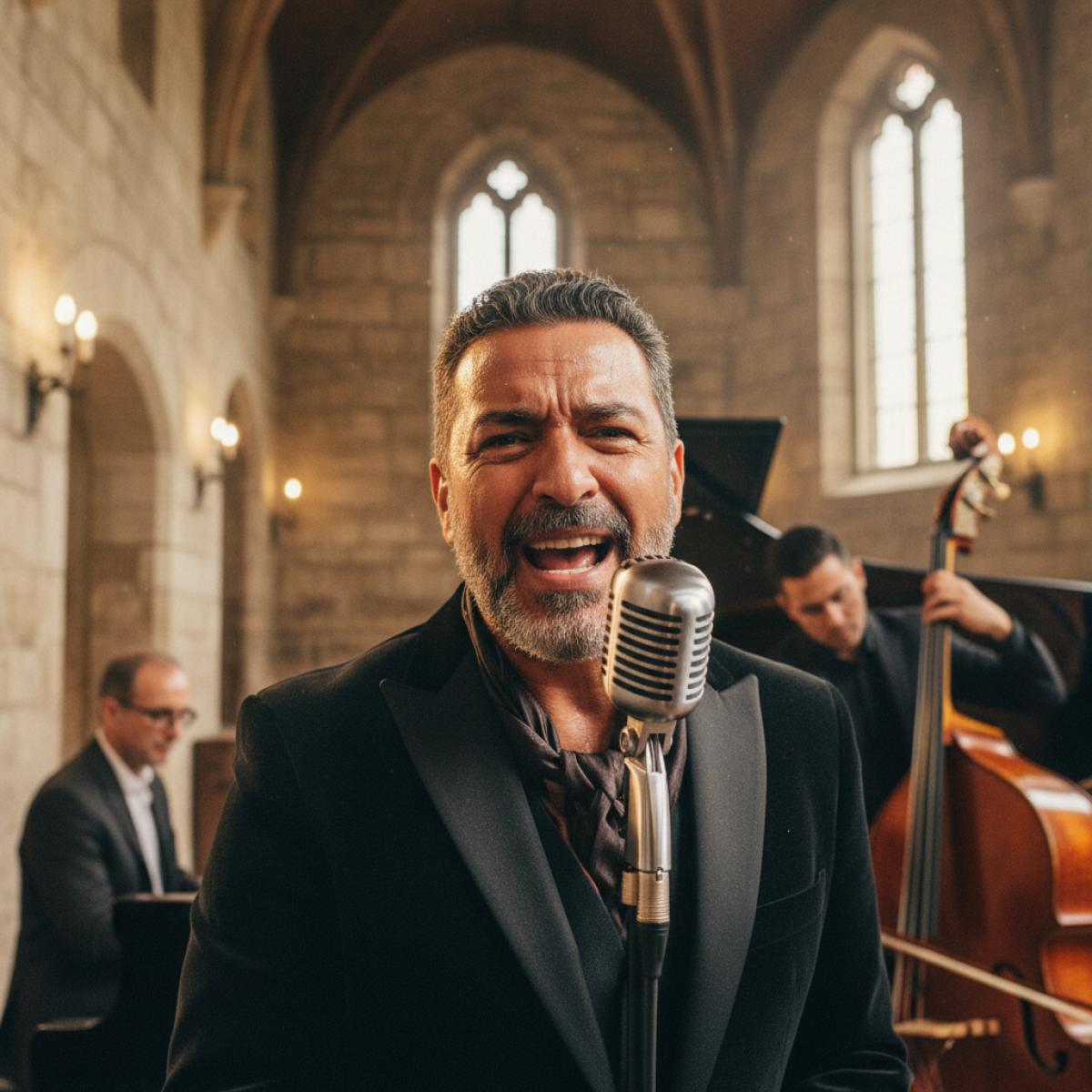 Chanteur flamenco-latino interprétant un boléro avec piano et contrebasse, dans une salle de pierre à la lumière chaude.