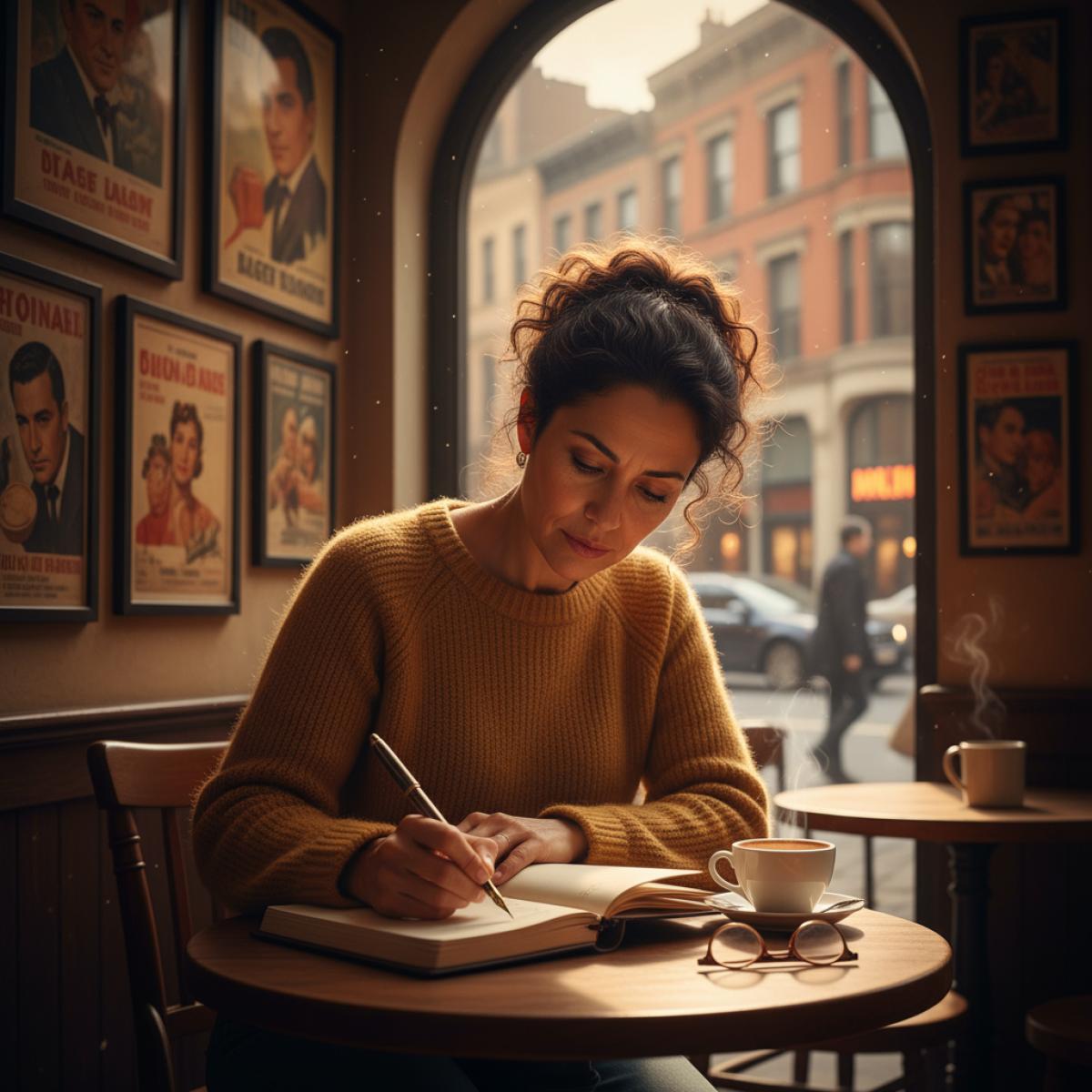Écrivaine mûre note dans un café feutré, posters de cinéma 80s en arrière-plan.