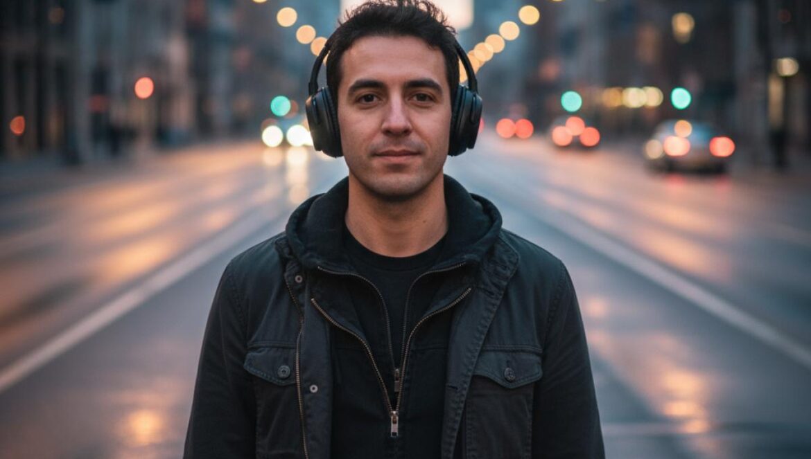Un jeune producteur écoute sa musique à l’aube, casque sur les oreilles, dans une rue calme éclairée par des réverbères.