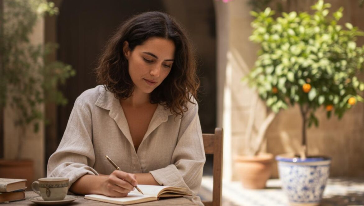 Jeune poète écrit dans un patio andalou ensoleillé, azulejos bleus, oranger en pot et carnet ouvert.