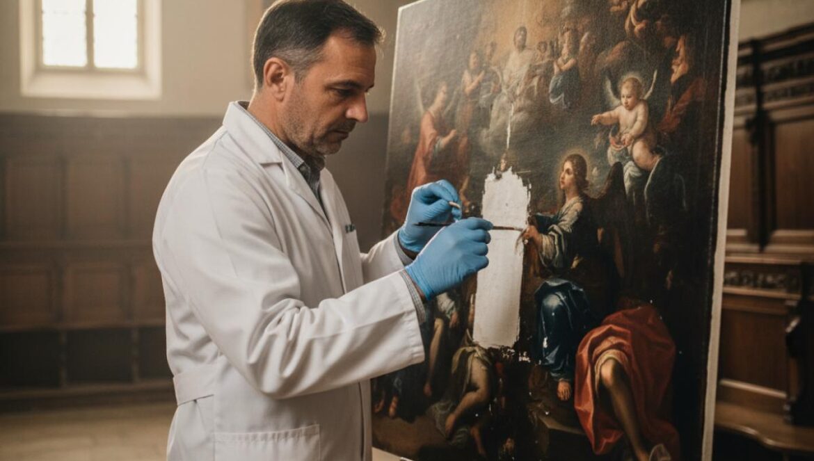 Conservateur d’art retouchant un grand tableau baroque dans un chœur en bois, lumière douce du matin.
