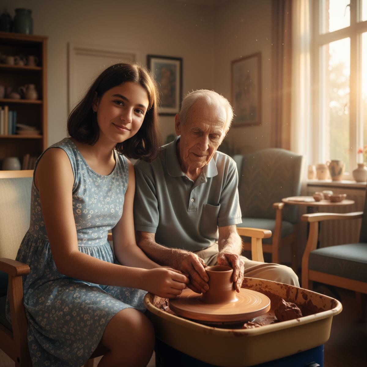 Une jeune ado et son grand-père sculpteur, assis côte à côte, modelant l’argile dans une salle lumineuse.