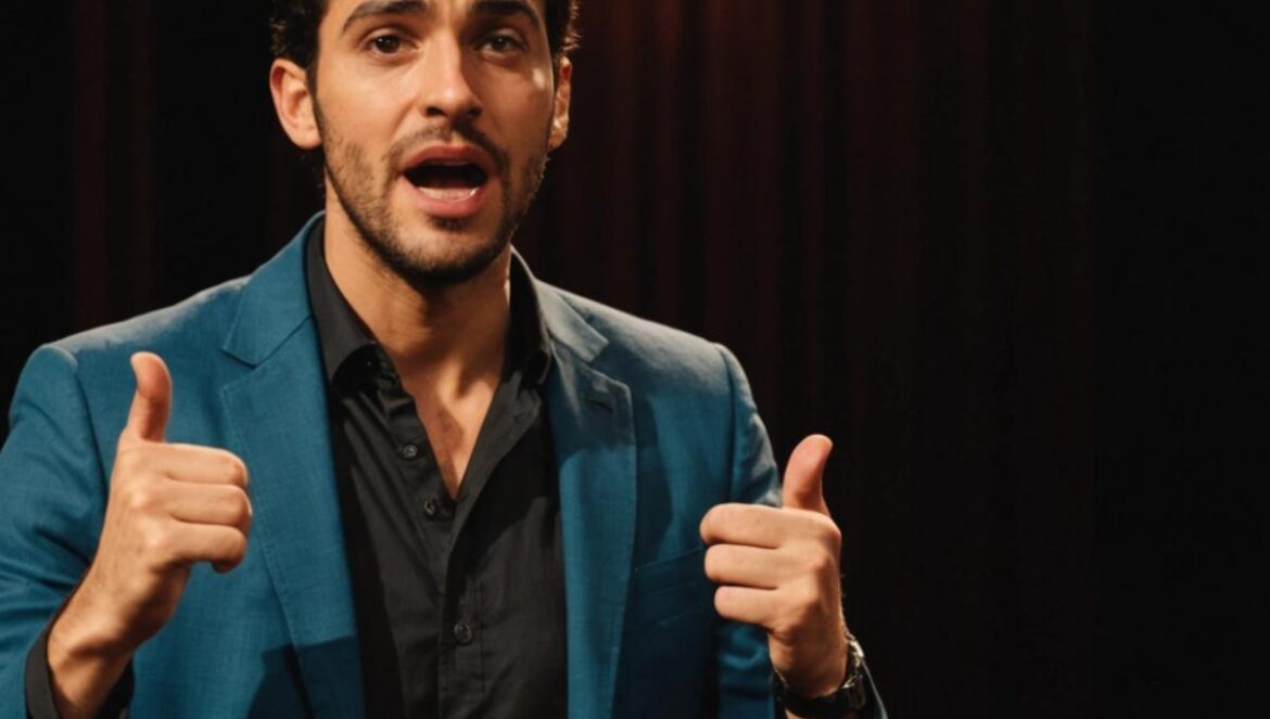 Humoriste andalou sur une petite scène, micro en main, sous un projecteur chaud face à un public captif.