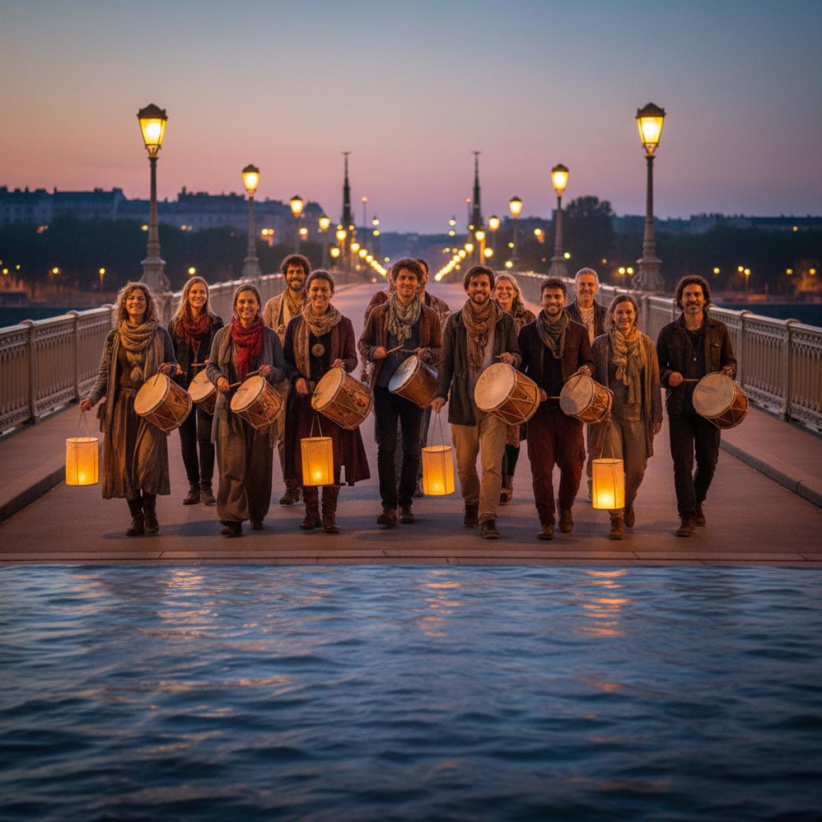 Groupe multigénérationnel marchant au crépuscule avec lanternes et tambours sur un pont piéton.
