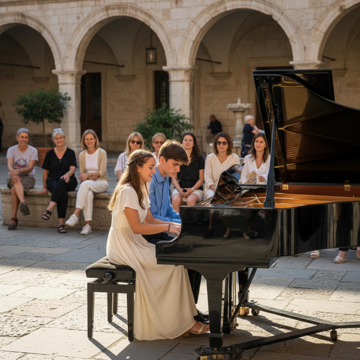 Jeune pianiste en plein air devant des arcs de pierre, public captivé et lumière dorée du matin.