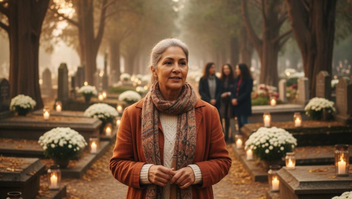 Guide locale au crépuscule, entre cyprès et bougies, présentant un ancien cimetière aux visiteurs.