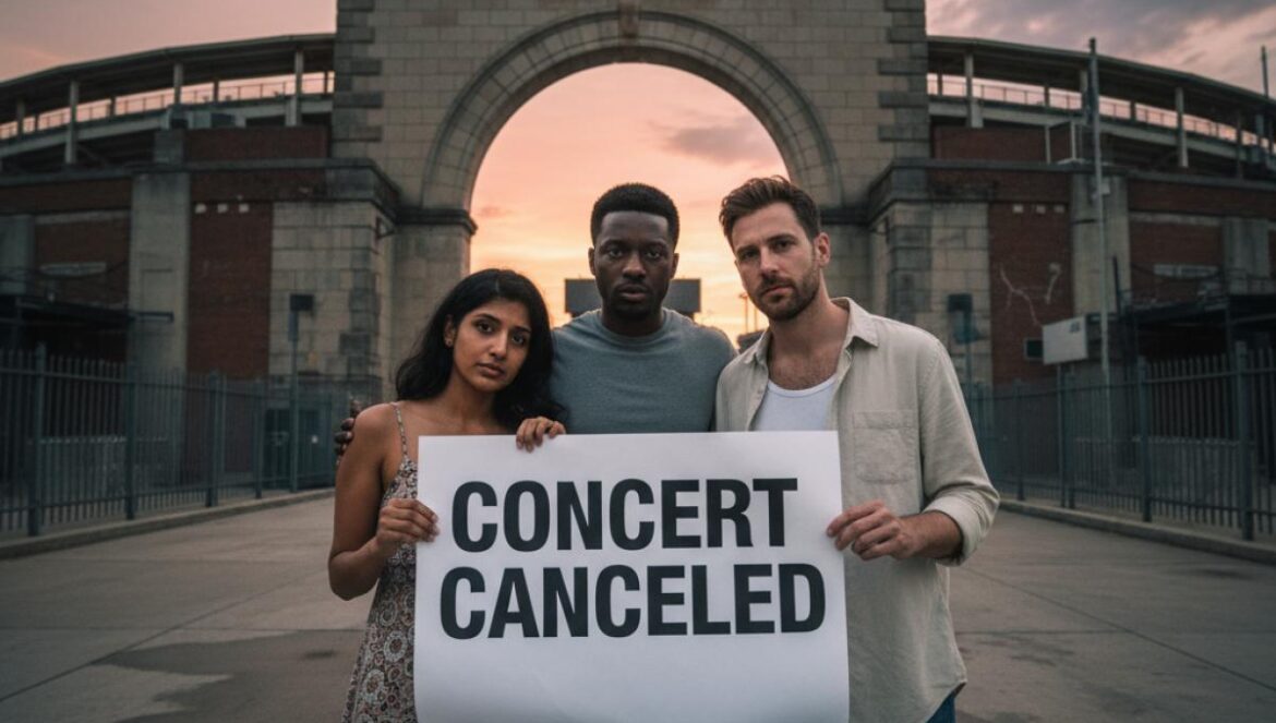 Trois amis découvrent une affiche « concert annulé » devant une arène au crépuscule.