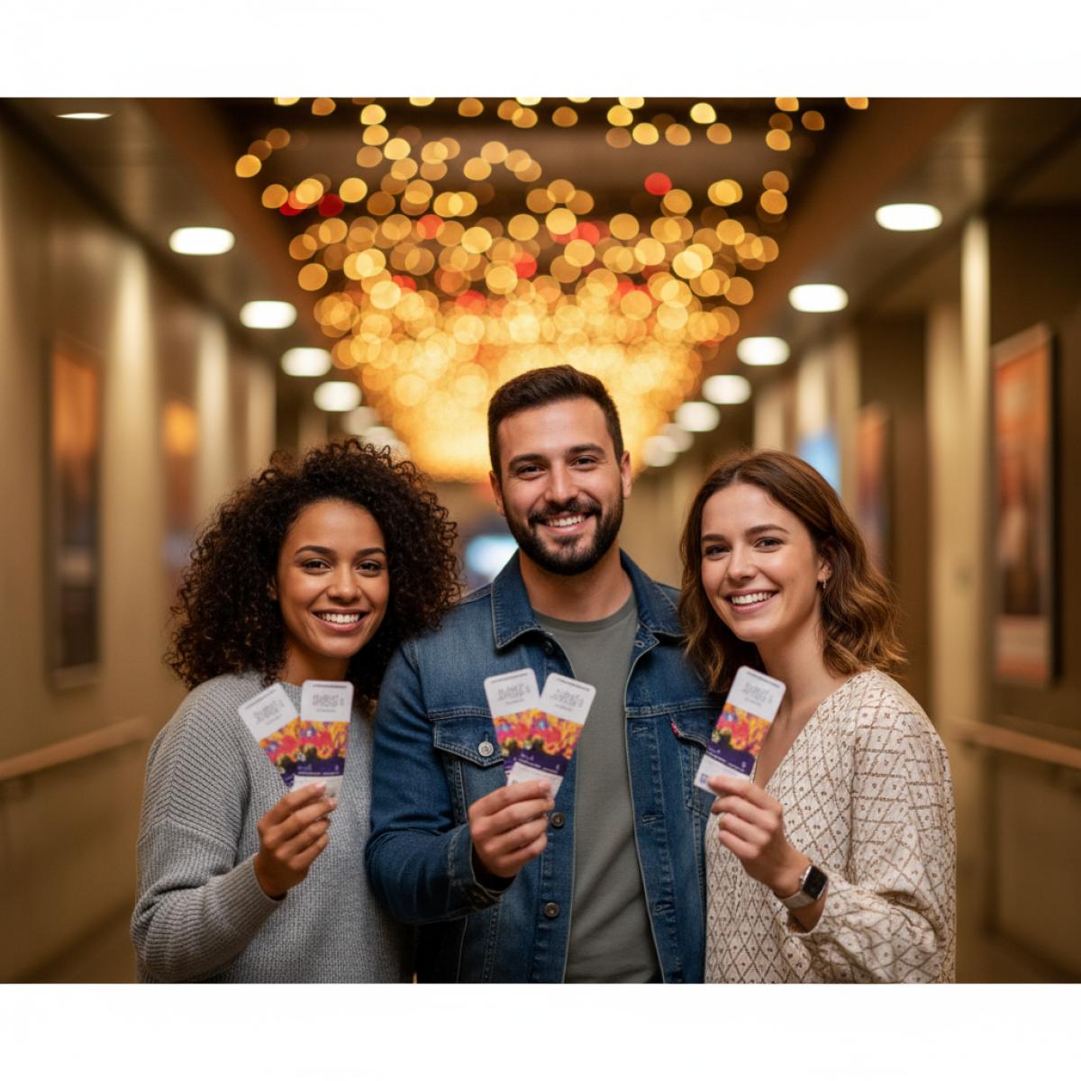 Trois amis, billets en main, dans un couloir de salle de concert chaleureusement éclairé avant un spectacle.