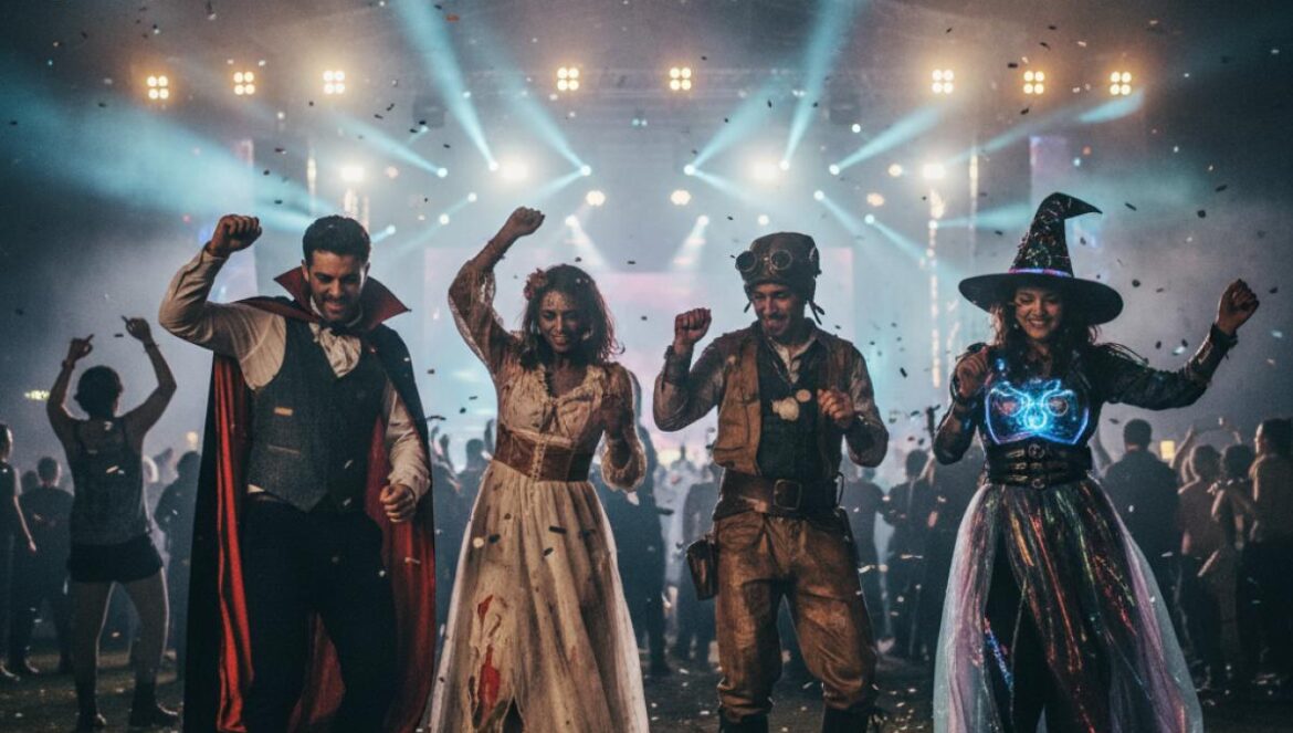 Jeunes costumés dansant de nuit devant une grande scène lumineuse, ambiance Halloween et foule en arrière-plan.