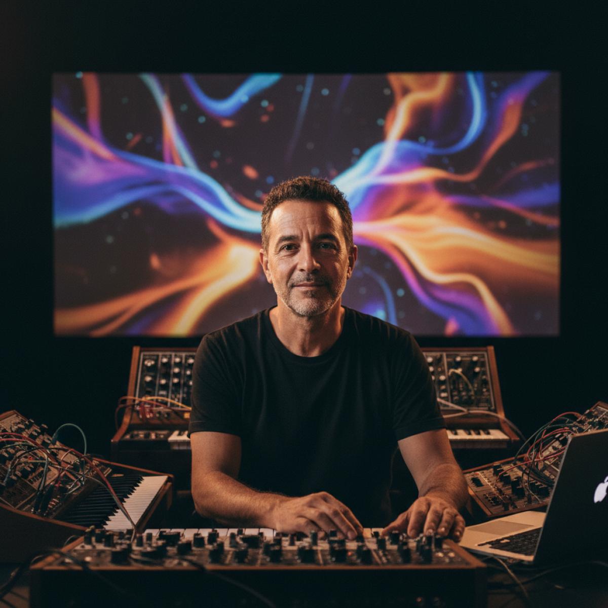 Compositeur devant des synthétiseurs, dans une salle sombre où défilent des visuels abstraits, prêt pour une écoute immersive de 65 minutes.