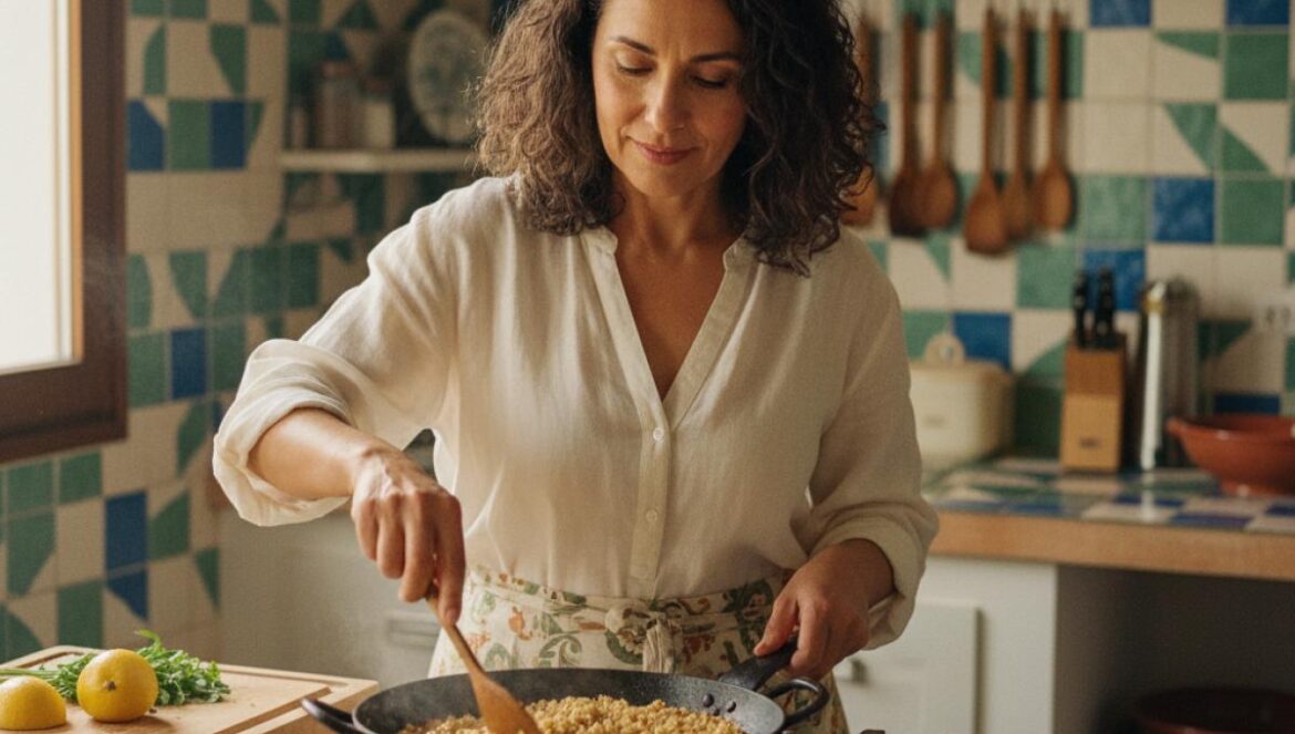 Femme cuisinant un riz doré dans une cuisine méditerranéenne lumineuse.