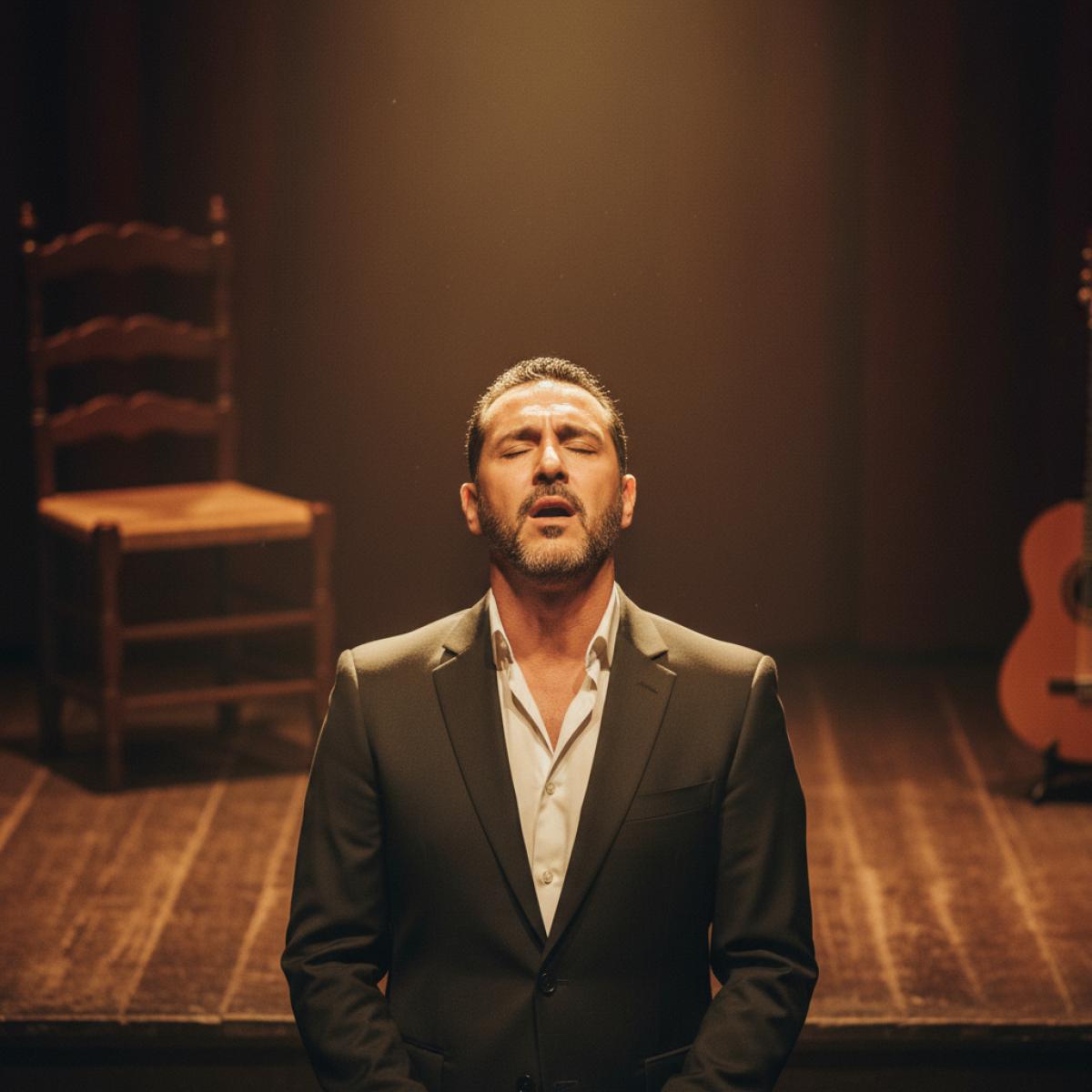 Chanteur de flamenco en pleine interprétation d’un fandango, éclairage chaud, guitare floue en arrière-plan.