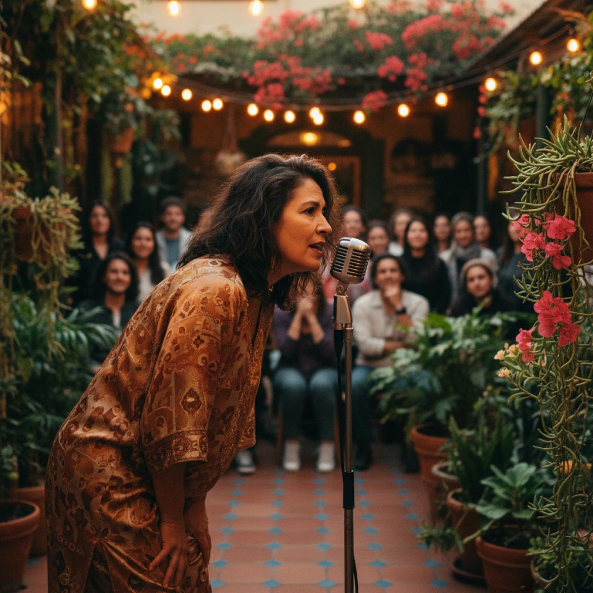 Poète lisant au micro dans un patio andalou, au crépuscule, devant un public captivé.