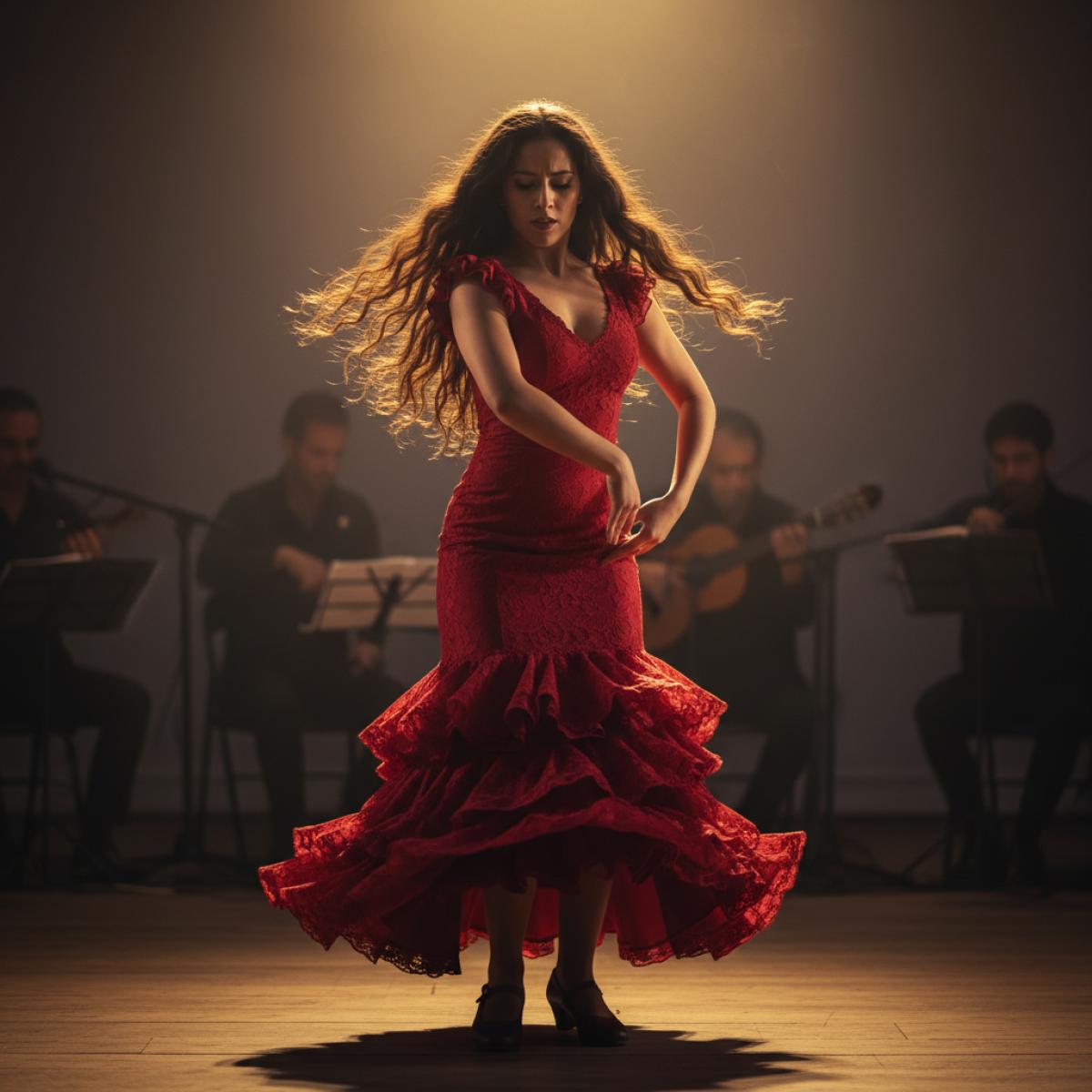 Danseuse de flamenco en robe rouge, en pleine figure sur scène, lumière chaude et musiciens flous derrière.