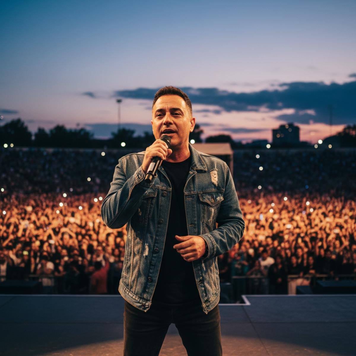 Chanteur andalou micro en main, devant une foule debout dans une arène au crépuscule, lumières chaudes.