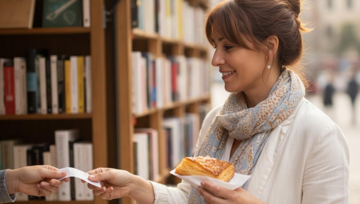 Lectrice souriante au stand d’une foire du livre, ticket en main, recevant un morceau de pastel cordobés enveloppé de papier.